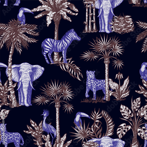 Seamless pattern with graphic tropical treees and jungle animals. Vector.