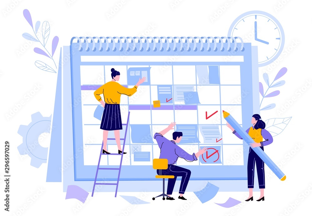 Managers team organize project calendar. Professional manager workers, working time planner calendars and teamwork activity organization plan vector illustration. Daily reminder, task organizer