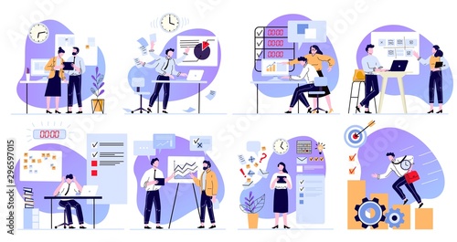 Organized office work. Task planner, time management and working productivity. Tasks deadline schedule flat vector illustration set. Efficient workflow organization. Teamwork process optimization