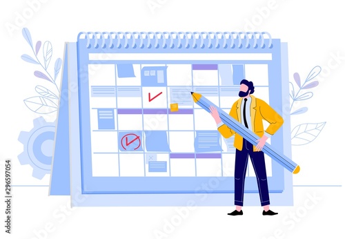 Businessman check calendar. Man with pencil planning work events at planner, business worker day plan, and event organization calendar vector illustration. Business organizer, kanban board