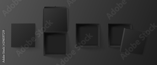 Black square box top view. Empty cube package, pizza packaging mockup and dark paper gift boxes realistic 3D vector illustration set. Open and closed products dark containers cliparts collection