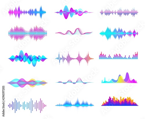 Colorful sound waves. Audio signal wave, color gradient music waveforms and digital studio equalizer vector set. Multicolor audio lines cliparts collection. Soundwaves, radio frequency