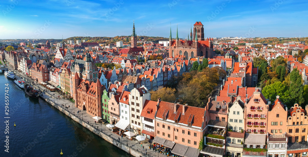 Aerial view of the old town in Gdansk over Motlawa river, Poland