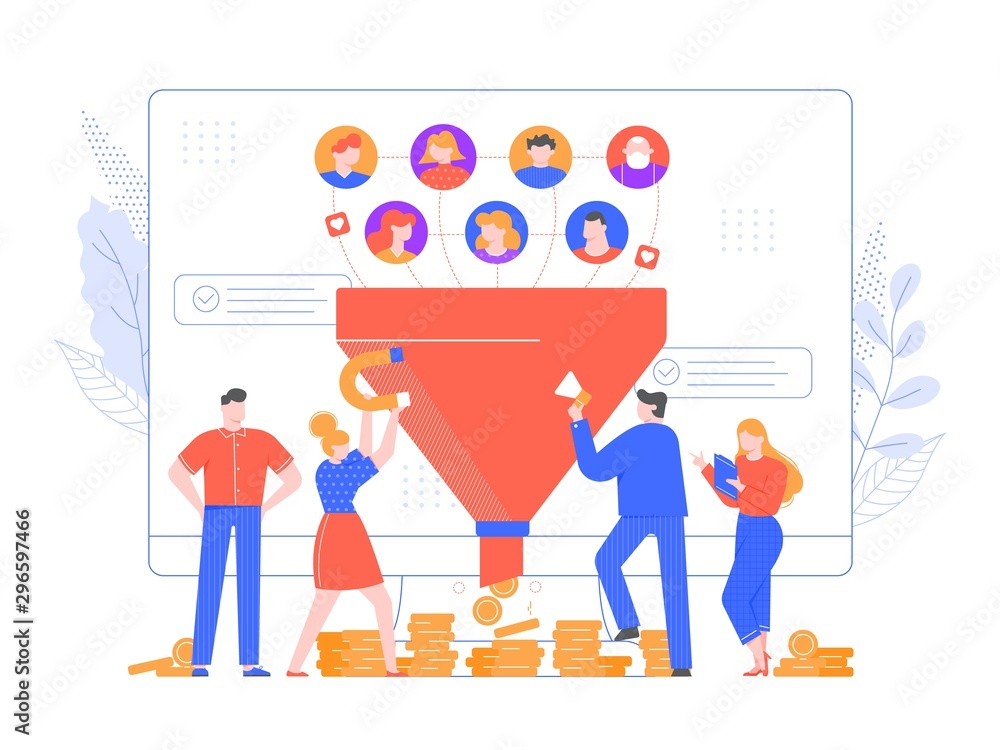 Lead generation. Increasing conversion, sales funnel strategy and generating or attracting new loyal leads vector illustration. Online monetization, market growth. Inbound marketing model, networking Lead generation. Increasing conversion, sales funnel strategy and generating or attracting new loyal leads vector illustration. Online monetization, market growth. Inbound marketing model, networking