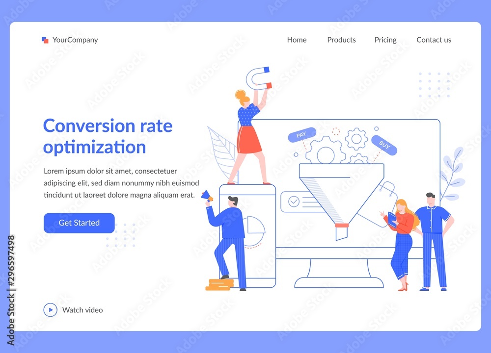 Conversion rate optimization. Sales funnel strategy, SEO optimization and sales statistical tests. Marketing service vector illustration. Social media network, digital business landing page template Conversion rate optimization. Sales funnel strategy, SEO optimization and sales statistical tests. Marketing service vector illustration. Social media network, digital business landing page template