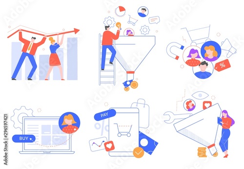 Funnel sales generation. Customers attraction, marketing leads buyer. Customer acquisition and conversion vector illustration set. Sale optimization and brand advertising. Media marketing strategy
