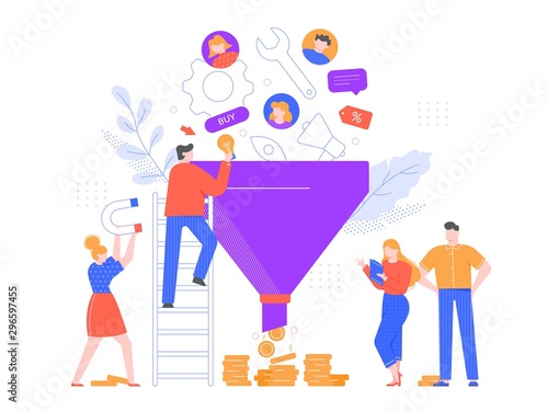 Funnel sales analyzing. Lead generation, marketing funnel and selling strategy vector illustration. Brand promotion, customer oriented business. Professional marketers team cartoon characters