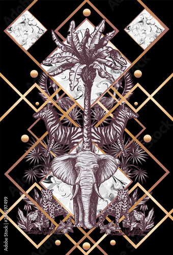 Graphical tropical tree such as palm, banana, jungle animals and golden elements. Vector.