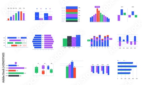 Bar charts. Trends statistic graphic, timeline chart and business infographics elements vector set. Company profit graph. Financial and stock market presentation infocharts on white background
