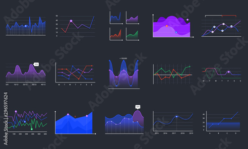 Linear graphcharts. Business graphic charts, line diagrams and business infographics elements vector set. Financial assets analysing. Investment statistics colorful histograms on black background
