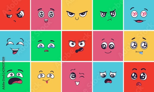 Cartoon face expressions. Surprising look faces, angry mood and doodle head vector illustration set. Cheerful, disappointed and laughing facial expression. Smiling and winking emoticons