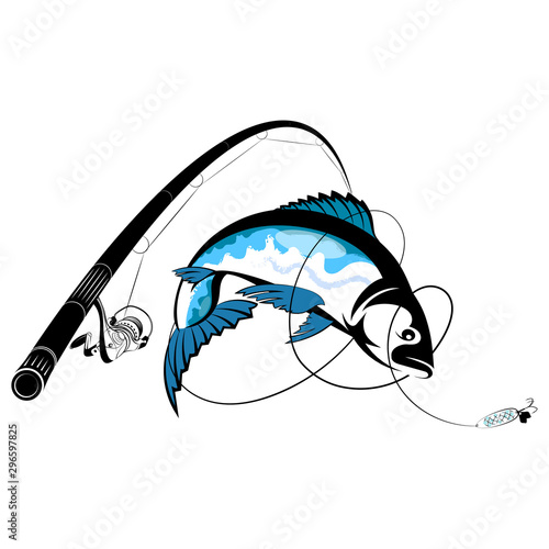 Silhouette fishing rod with reel and fish on a hook