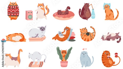 Adorable cats. Cute dancing cat, funny angry kitty and love cat vector illustration set. Domestic animal drinking coffee and playing. Comic fat pet in sweater, doing yoga and lying stickers