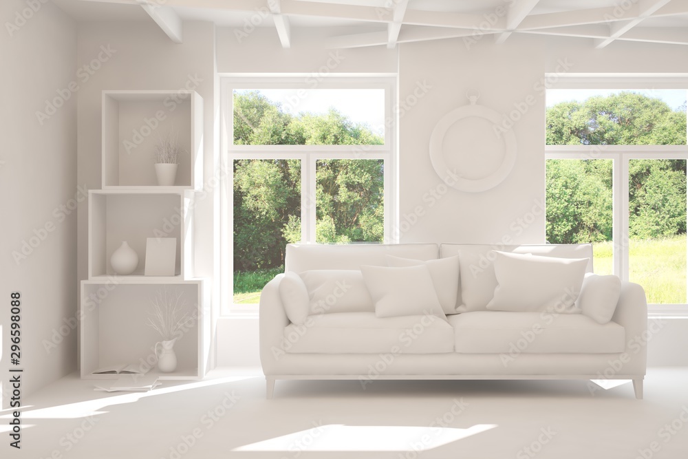 Mock up of stylish room in white color with sofa and green landscape in window. Scandinavian interior design. 3D illustration Mock up of stylish room in white color with sofa and green landscape in window. Scandinavian interior design. 3D illustration