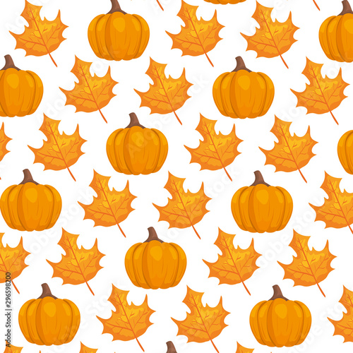 autumn pattern with leafs and pumpkins vector illustration design