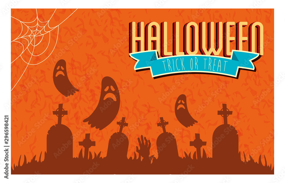 poster of halloween with ghosts in cemetery vector illustration design poster of halloween with ghosts in cemetery vector illustration design