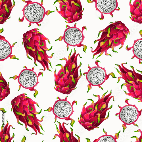 Seamless pattern with pitahaya, dragon fruit. Vector.