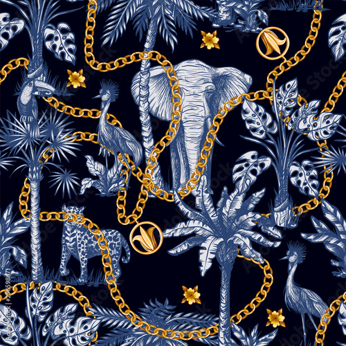 Seamless pattern with graphic tropical treees and jungle animals and gold chains. Vector.