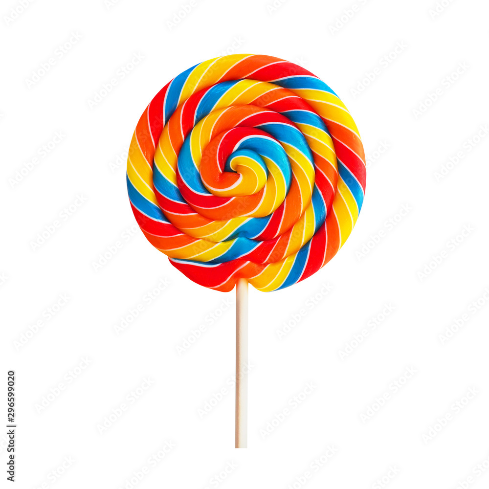 Colorful lollipop swirl on stick isolated on white background. Striped spiral multicolored candy Colorful lollipop swirl on stick isolated on white background. Striped spiral multicolored candy