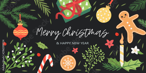 Christmas and new year banner, flyer, party invitation, poster and landing page with floral elements, christmas tree decorations, home-made cookies and gifts. Seasonal greeting post card.