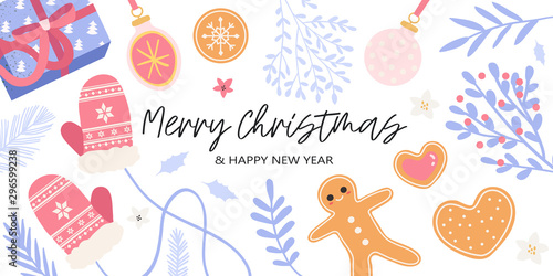 Christmas and new year banner, party invitation, landing page or greeting card with floral elements, home-made cookies and gifts. Vector illustration of cute christmas decorations in trendy colors.