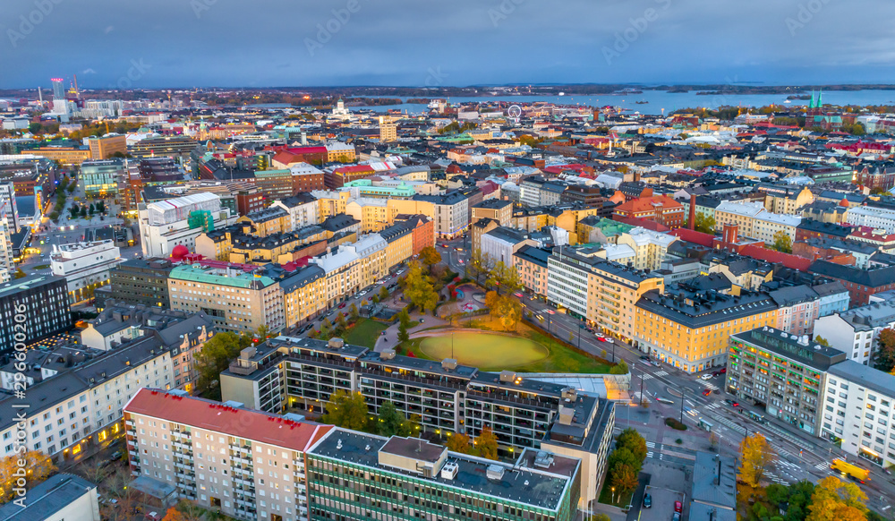 Aerial view of Helsinki city. Sky and colorful buildings.	