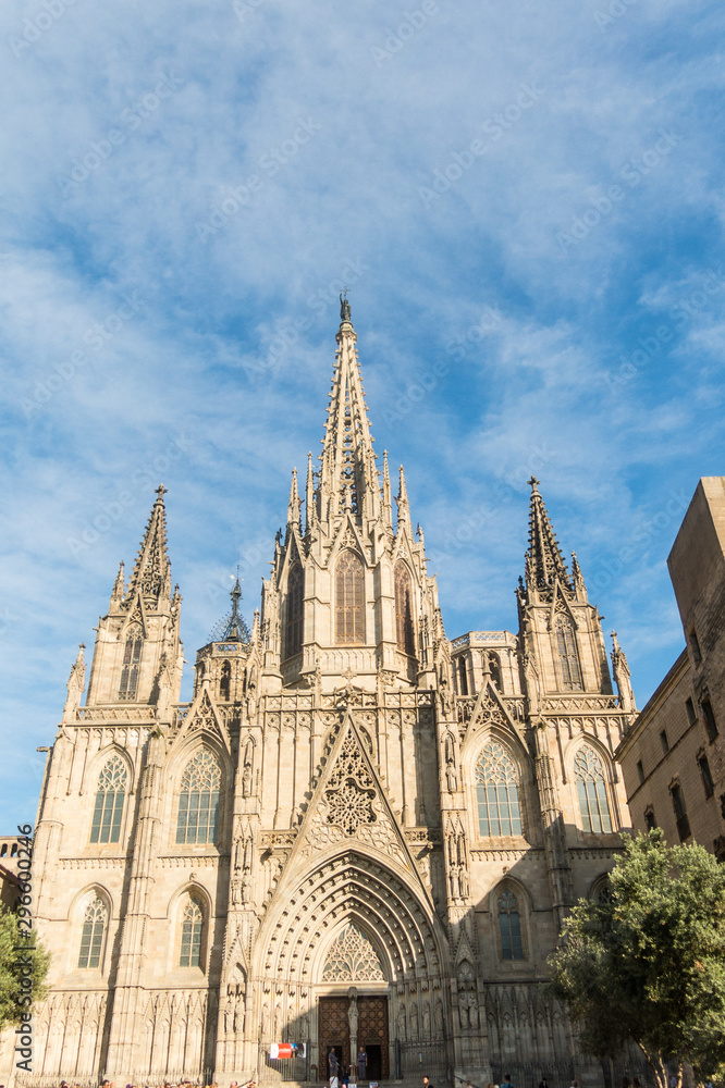 Medieval towers of the Metropolitan Cathedral Basilica of Barcelona (also known as The Cathedral of the Holy Cross and Saint Eulalia) located in the gothic quarter in Catalonia, Spain, Europe.