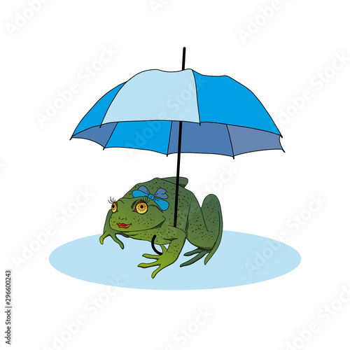 Vector illustration with the image of frogs with bows on their heads, umbrellas, bubbles and swamp plants. Funny and funny theme. Can be used as a print for t-shirts, cards, badges and other decor.