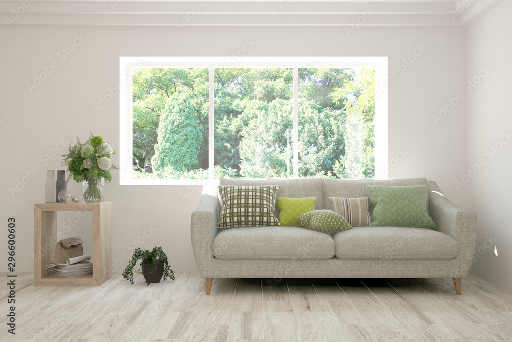 Stylish room in white color with sofa and summer landscape in window. Scandinavian interior design. 3D illustration Stylish room in white color with sofa and summer landscape in window. Scandinavian interior design. 3D illustration
