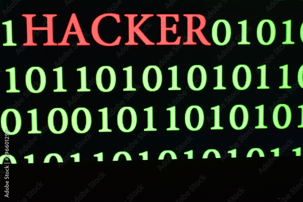 green binary code wording number with Hacker wording in red color
