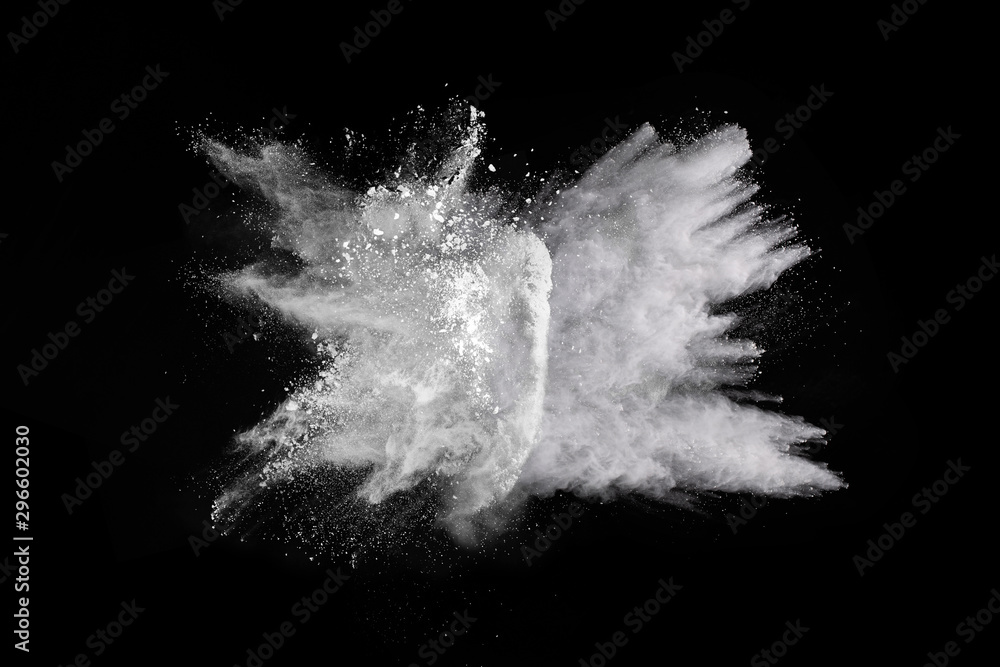 Naklejka premium White powder explosion on black background. Colored cloud. Colorful dust explode. Paint Holi.