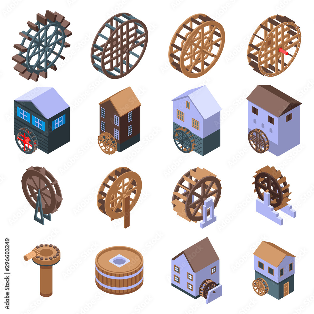 Water mill icons set. Isometric set of water mill vector icons for web