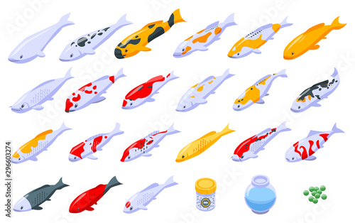 Koi carp icons set. Isometric set of koi carp vector icons for web design isolated on white background