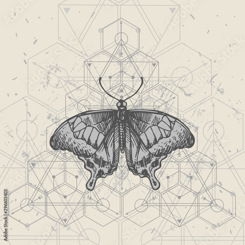 Butterfly and sacred geometry. Hand drawn vector illustration