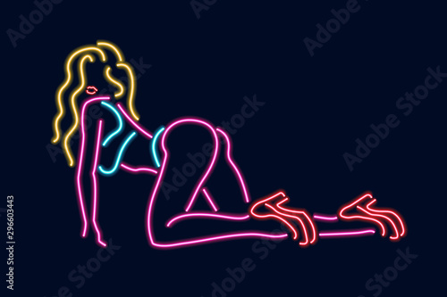 Neon silhouette of girl. Vector illustration isolated on dark background photo
