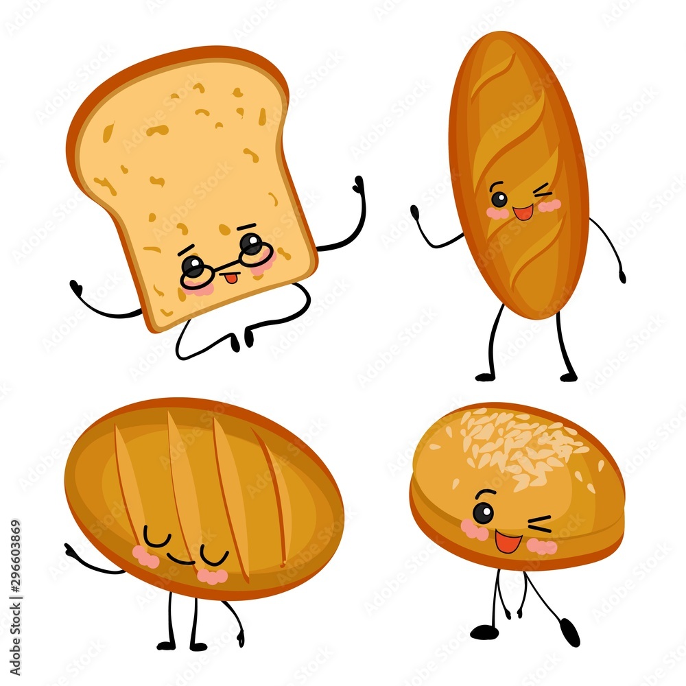 cute kawaii characters, bakery products. Baguette, loaf, bread with arms  and legs vector. vector de Stock | Adobe Stock