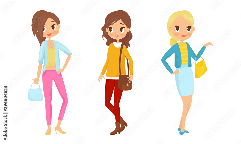 Fashin Girl Characters Standing In Different Poses Vector Illustrations Fashin Girl Characters Standing In Different Poses Vector Illustrations