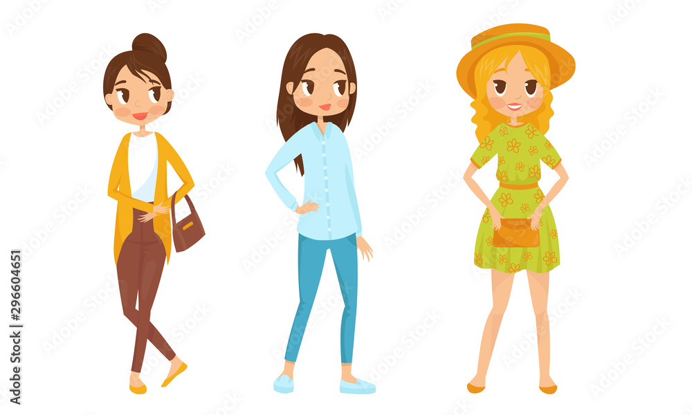 Fashin Girl Characters Standing In Different Poses Vector Illustrations Fashin Girl Characters Standing In Different Poses Vector Illustrations