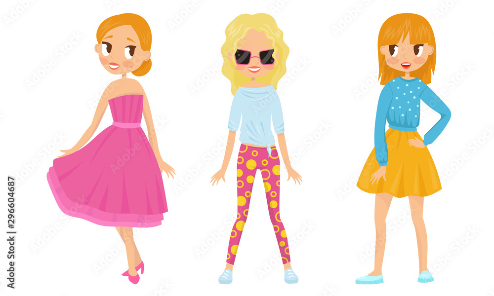 Fashin Girl Characters Standing In Different Poses Vector Illustrations Fashin Girl Characters Standing In Different Poses Vector Illustrations