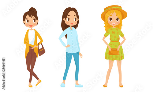 Fashin Girl Characters Standing In Different Poses Vector Illustrations