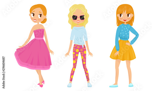 Fashin Girl Characters Standing In Different Poses Vector Illustrations