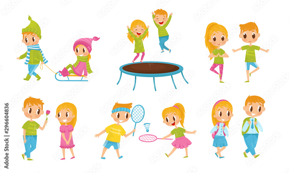 Boy And Girl Character Spending Time Together Vector Illustrations Set