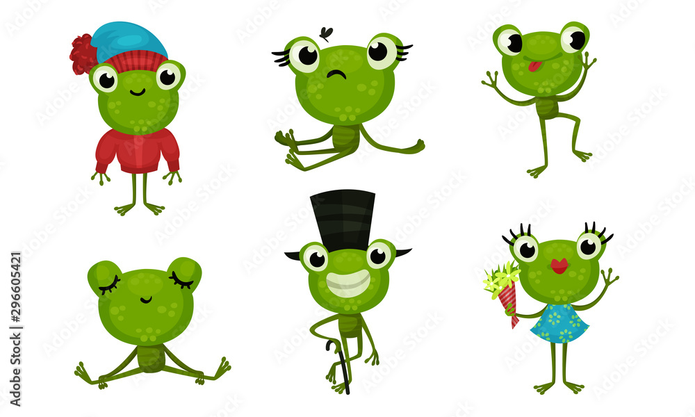Six Funny Little Frog Characters In Cartoon Style Vector Illustrated Set Six Funny Little Frog Characters In Cartoon Style Vector Illustrated Set