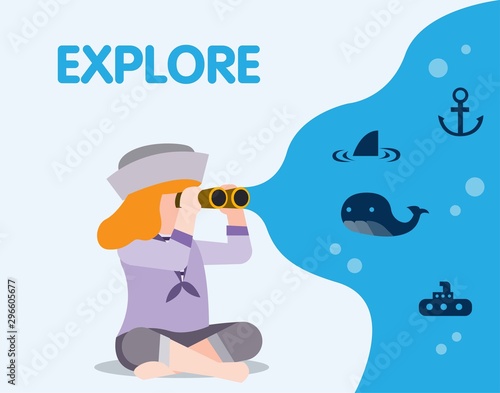 little marine girl use binocular, imagination, exploration, flat illustration