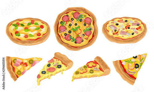 Italian Pizza Vector Illustrated Set. Colorful Restaurant Tasty Isolated Nutrition