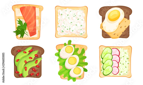 Write And Brown Bread Toasts With Different Toppings Vector Illustrated Set