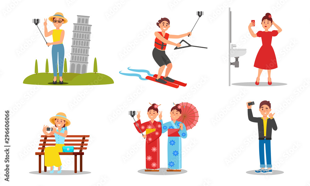 People Character Holding Selfie Stick Taking Photo In Places Vector Illustrations