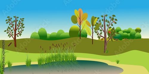 Vector Landscape with attractive view lake and forest. Reed plants and sand on the lake beach
