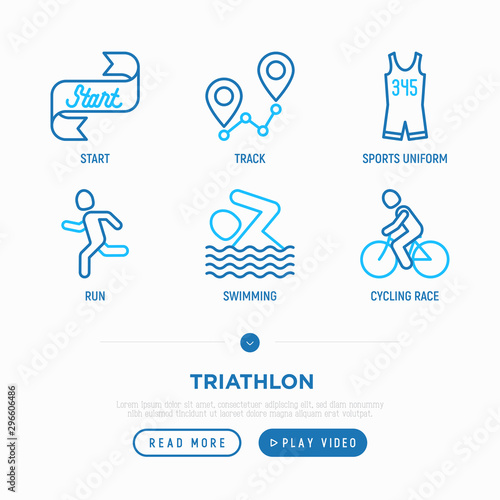 Triathlon thin line icons set: runner, swimmer, cycling race, route, uniform, start. Modern vector illustration.