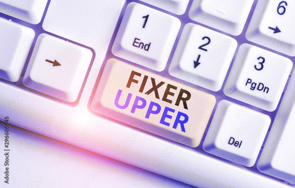 Text sign showing Fixer Upper. Business photo showcasing house in need of repairs used chiefly connection with purchase White pc keyboard with empty note paper above white background key copy space Text sign showing Fixer Upper. Business photo showcasing house in need of repairs used chiefly connection with purchase White pc keyboard with empty note paper above white background key copy space